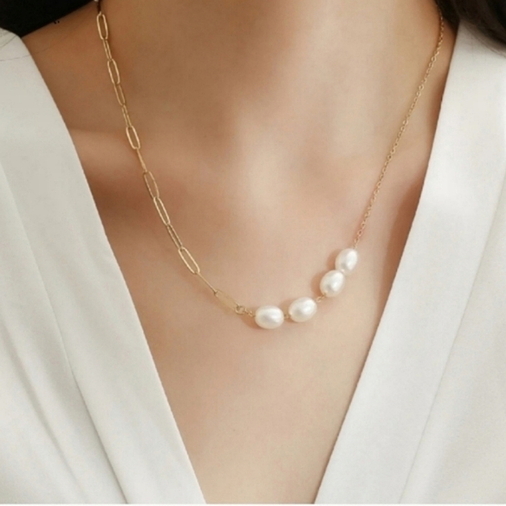 Free People Half Paperclip Chain Pearl Necklace